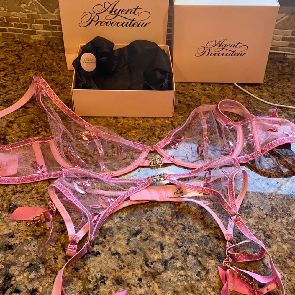 Agent Provocateur pink mesh bra 34D & matching garter belt (size 2)